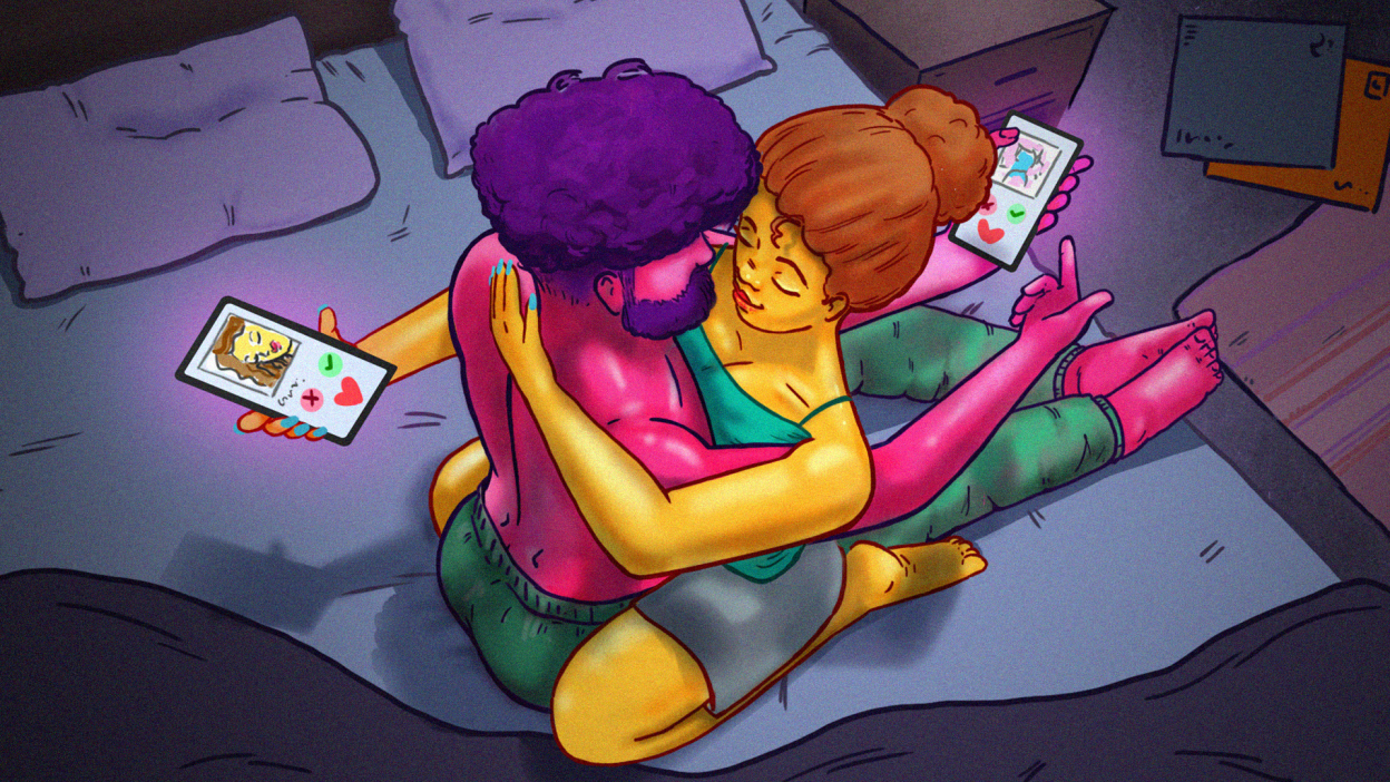 Illustration of a mixed sex couple entwined, the woman sits in the lap of a male partner's lap, he has his legs outstretched. Both have their phones open in their outstretched hands. 