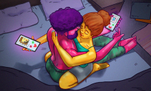 Illustration of a mixed sex couple entwined, the woman sits in the lap of a male partner's lap, he has his legs outstretched. Both have their phones open in their outstretched hands. 