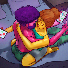 Illustration of a mixed sex couple entwined, the woman sits in the lap of a male partner's lap, he has his legs outstretched. Both have their phones open in their outstretched hands. 