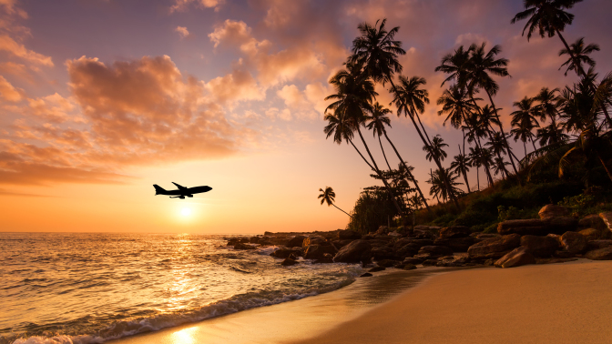 a plane lands behind palm trees and a beach setting as the sky turns orange and red during sunset 