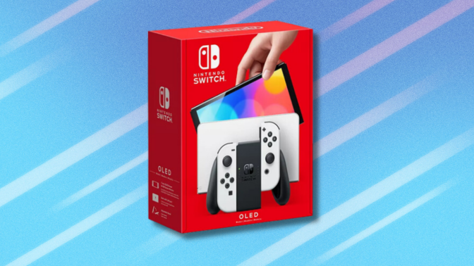 Nintendo Switch OLED on blue and white abstract background. 