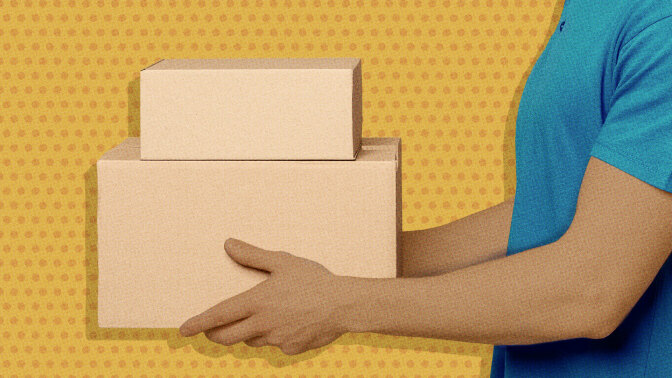 Animated man in a blue shirt holding a stack of cardboard boxes