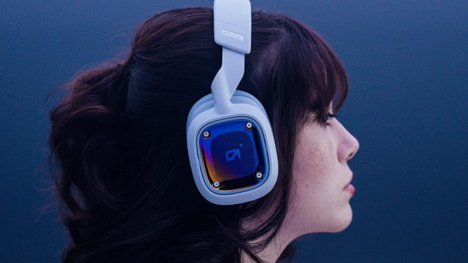 Girl wearing white logitech gaming headset 