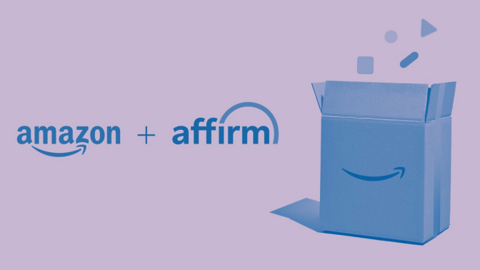 Amazon logo, Affirm logo, and Amazon package with purple and blue tint