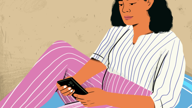 Illustration of a woman sitting on a beach looking at her smartphone. 