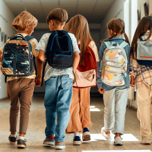 a group of school kids walk down the hallway while all wearing backpacks