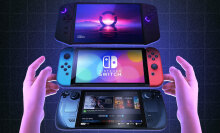 Lenovo Legion Go, Steam Deck, and Nintendo Switch with hands around them 