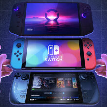 Lenovo Legion Go, Steam Deck, and Nintendo Switch with hands around them 