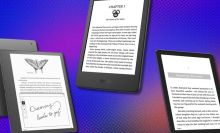 Three Kindle models from Amazon overlaid on a purplish-blue and textured background