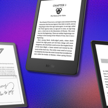 Three Kindle models from Amazon overlaid on a purplish-blue and textured background