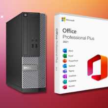 Dell Optiplex desktop computer with Microsoft Office software against a red and pink gradient background