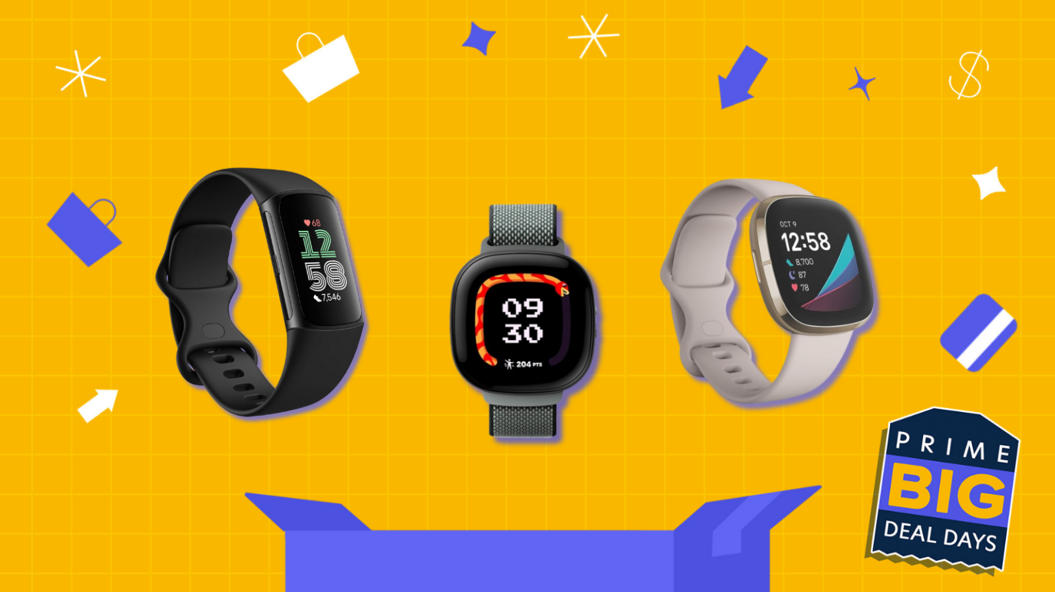 prime day illustration in yellow and blue with three Fitbit watches