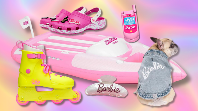 Barbie-themed inline skates, pool float, Crocs, hair clip, flip phone compact, and dog wearing denim jacket on colorful background