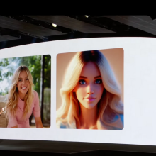 A picture from the Samsung event stage, with a screen in the background displaying Sydney Sweeney and a digital avatar of the actress.