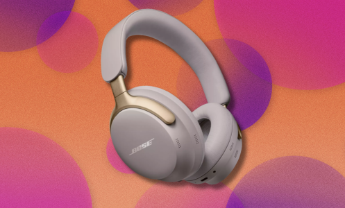 Bose QuietComfort Ultra headphones on orange and pink abstract background 