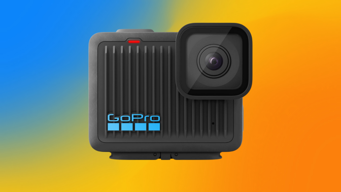 GoPro Hero on a blue to orange gradient background