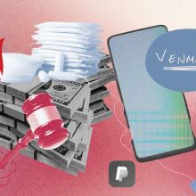 A collage of images including stacks of money, a judge's gavel, menstrual pads, and a hand holding an iPhone.