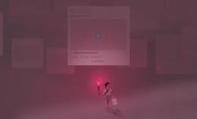 an illustrated little man with a torch searching for likes in a foggy landscape