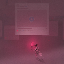 an illustrated little man with a torch searching for likes in a foggy landscape