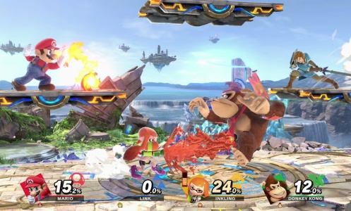 Brawl in Super Smash Bros. Ultimate with various Nintendo characters