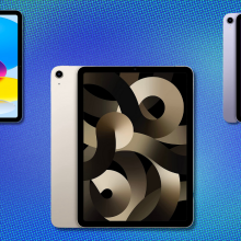 Three iPad models on blue abstract background