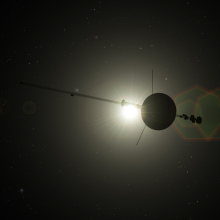 An artist's conception of a Voyager craft journeying through deep space.