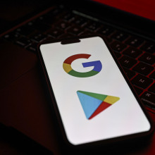 A phone displays the Google logo and Google Play store logo.