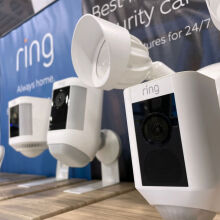 Ring security cameras are displayed on a shelf at a Best Buy store.