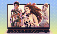 Taylor Swift, Chappell Roan, and Zendaya pop out of a laptop screen.