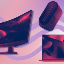 dell xps laptop, S3422DWG gaming monitor, and Alienware Aurora R13 gaming desktop with pink tint and colorful background