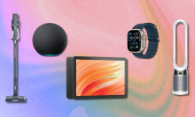 Shark vacuum, Amazon Echo, Amazon Fire tablet, Dyson fan, and Apple Watch Ultra 2 with colorful background