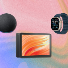 Shark vacuum, Amazon Echo, Amazon Fire tablet, Dyson fan, and Apple Watch Ultra 2 with colorful background