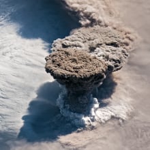 The view from the International Space Station as the Raikoke volcano erupts in 2019. (Not a super-eruption; such an event hasn't happened in modern history.)