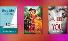 A colorful background with three book covers