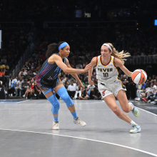 Lexie Hull #10 of the Indiana Fever drives to the basket 