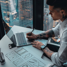 stock photo of young office worker making a logo with ai