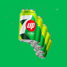 Five cans of 7UP in a, arc on a green background.