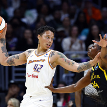 Brittney Griner of the Phoenix Mercury controls the ball