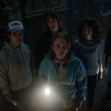 The "Stranger Things" cast hold flashlights and look up at something mysterious in their search for the villain Vecna.