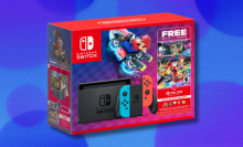 box art for the nintendo switch 'mario kart 8 deluxe' bundle against a blue and purple abstract background