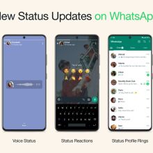 Phone screens showing WhatsApp statuses.