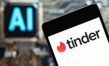 Tinder logo seen displayed on a smartphone with an Artificial intelligence (AI) chip and symbol in the background