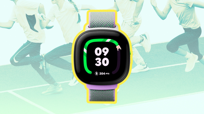 Fitbit Ace LTE kids overlaid on an image of kids running for fun.