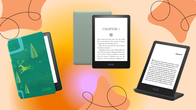 Kindle Paperwhite Kids, Kindle Paperwhite Signature Edition, and Kindle Paperwhite reading tablets overlayed on a colorful background with shapes.