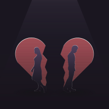 broken red heart with man and woman in the halves moving in opposite directions