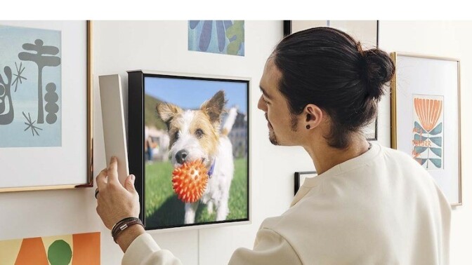 a person holds the Samsung music frame in their left hand to mount it to a wall full of framed photos. The samsung music frame shows an image on a dog in a park carrying an orange ball in its mouth