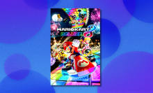 Mario Kart 8 Deluxe box art on blue and purple abstract background