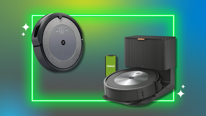 Two Roombas on gray, blue, and green background with neon rectangle