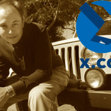 Elon Musk in 2000 and the X.com logo. 