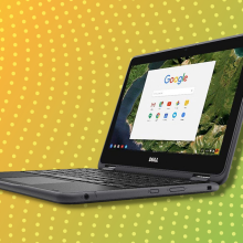 refurbished dell chromebook with green and yellow polka dot background